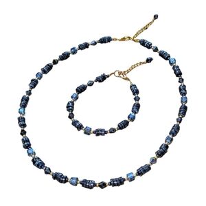 Hand Crafted Navy Shell & Glass Beads With Gold Accents Necklace & Bracelet Set